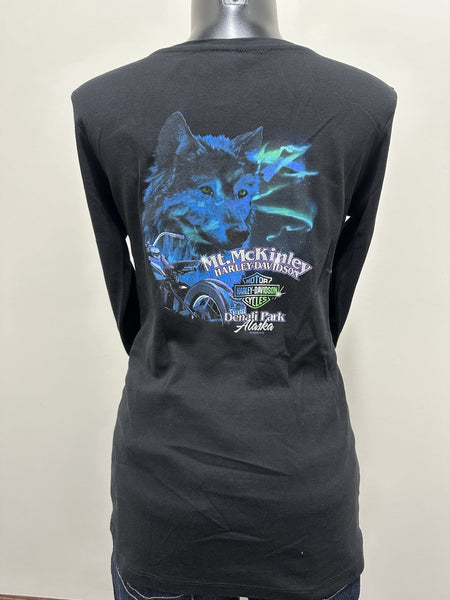 WMNS LONG SLEEVE W/ THUMB HOLES - NORTHERN LIGHTS WOLF - BLACK