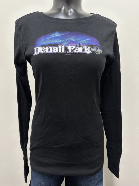 WMNS LONG SLEEVE W/ THUMB HOLES - NORTHERN LIGHTS WOLF - BLACK